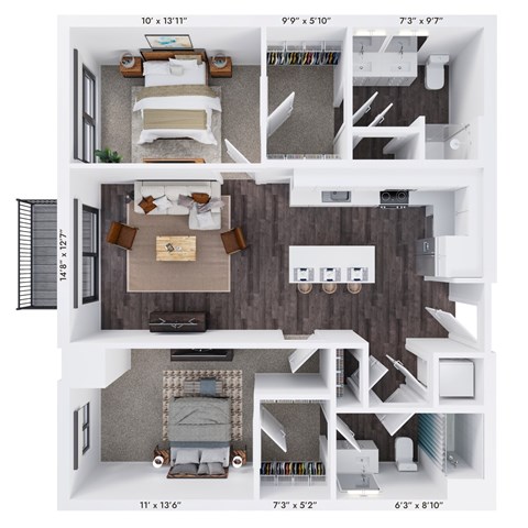 Floor plan for 2 beds, 2 baths, 1146 sqft